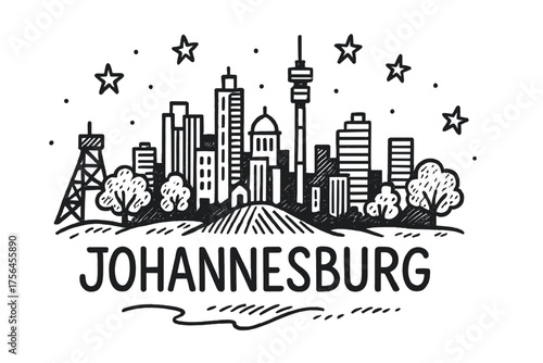 Johannesburg Skyline Doodle. Doodle johannesburg skyline with stars, mines, and trees, center word “Johannesburg” in black and