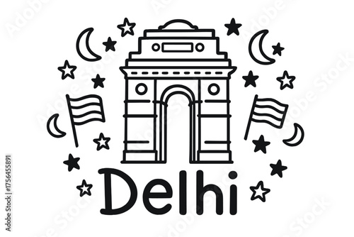 Delhi Gate Doodle. Doodle delhi india gate with stars, moons, and flags, center word “Delhi” in black and white isolated