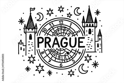 Prague Clock Doodle. Doodle prague astronomical clock with stars, moons, and towers, center word “Prague” in black and white