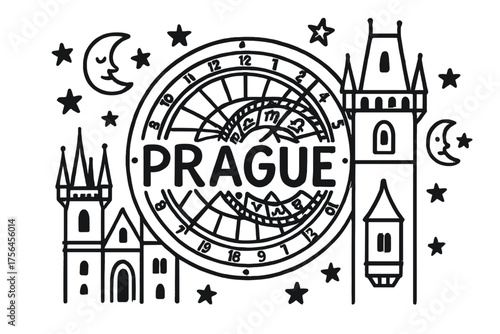 Prague Clock Doodle. Doodle prague astronomical clock with stars, moons, and towers, center word “Prague” in black and white