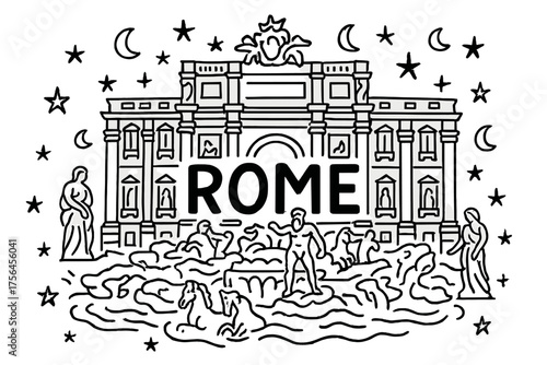 Rome Doodle Extravaganza. Doodle rome trevi fountain with stars, moons, and statues, center word “Rome” in black and white