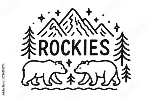 Doodle Rockies Scene. Doodle rockies with bears, trees, and stars, center word “Rockies” in black and white isolated transparent