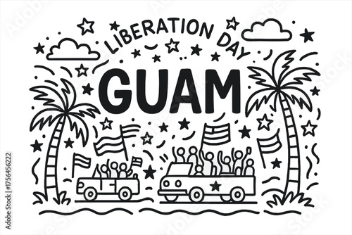 Guam Liberation Celebration. Doodle guam liberation day with parades, stars, and palm trees, center word “Guam” in black and white
