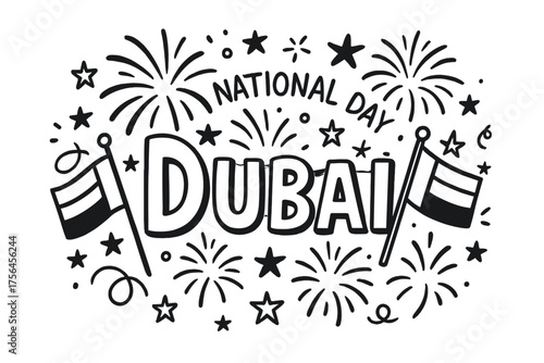 Dubai National Day Celebration. Doodle dubai national day with fireworks, flags, and stars, center word “Dubai” in black and white