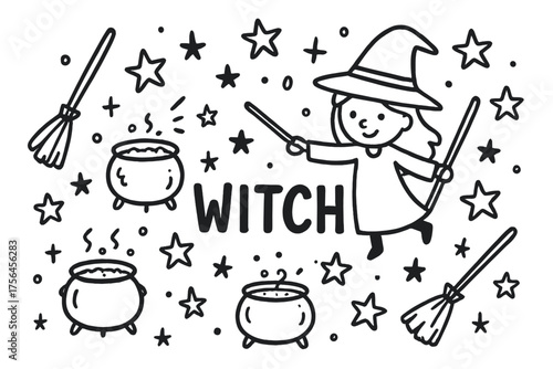 Doodle Witch Magic. Doodle witch with broomsticks, stars, and cauldrons, center word “Witch” in black and white isolated
