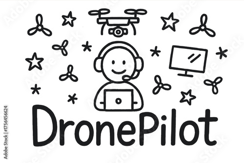 Drone Pilot Doodle. Doodle drone pilot with stars, propellers, and screens, center word “DronePilot” in black and white isolated