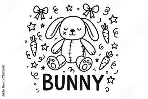 Doodle Bunny Design. Doodle stuffed bunny with stars, ribbons, and carrots, center word “Bunny” in black and white isolated