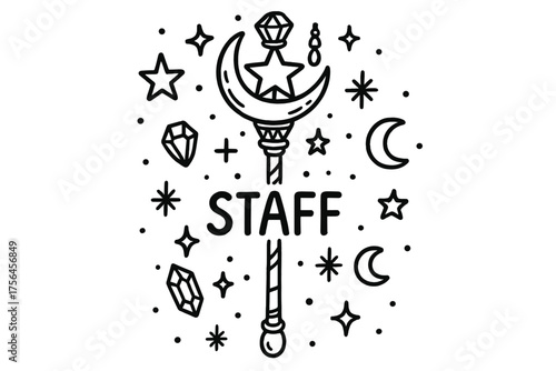 Enchanted Staff Design. Doodle enchanted staff with stars, gems, and moons, center word “Staff” in black and white isolated