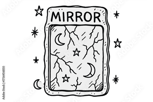 Cursed Cosmic Mirror. Doodle cursed mirror with stars, cracks, and moons, center word “Mirror” in black and white isolated