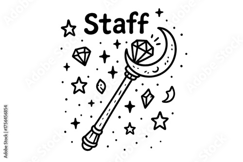 Enchanted Staff Design. Doodle enchanted staff with stars, gems, and moons, center word “Staff” in black and white isolated