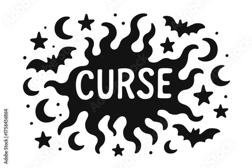 Shadow Curse Doodle. Doodle shadow curse with stars, bats, and moons, center word “Curse” in black and white isolated transparent