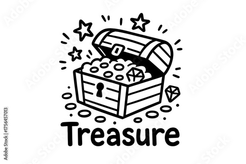 Treasure Chest Doodle. Doodle treasure chest with stars, gold coins, and gems, center word “Treasure” in black and white isolated