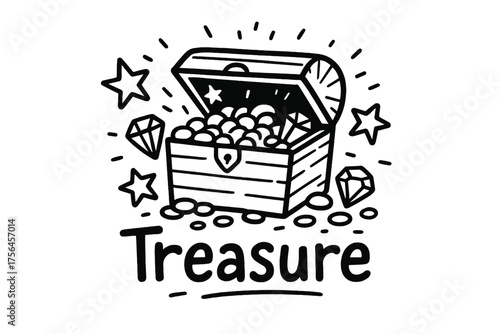 Treasure Chest Doodle. Doodle treasure chest with stars, gold coins, and gems, center word “Treasure” in black and white isolated
