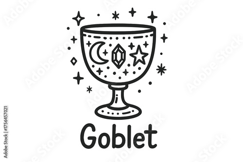 Golden Goblet Doodle. Doodle golden goblet with stars, moons, and gems, center word “Goblet” in black and white isolated