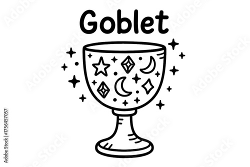 Golden Goblet Doodle. Doodle golden goblet with stars, moons, and gems, center word “Goblet” in black and white isolated