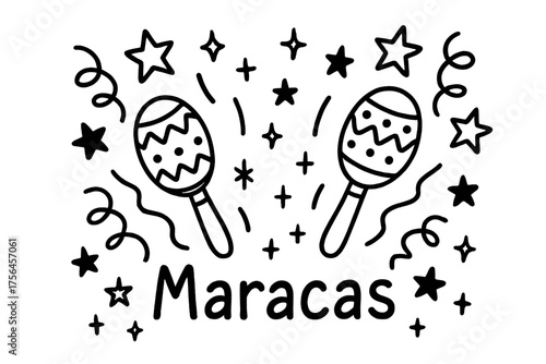 Doodle Maracas Design. Doodle maracas with stars, ribbons, and sparkles, center word “Maracas” in black and white isolated