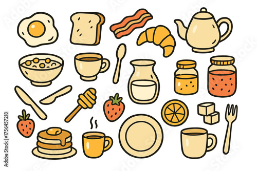 Breakfast Doodle Icons. Breakfast doodle icon set: hand drawn icons of fried egg, toast, bacon, croissant, cereal bowl, spoon,
