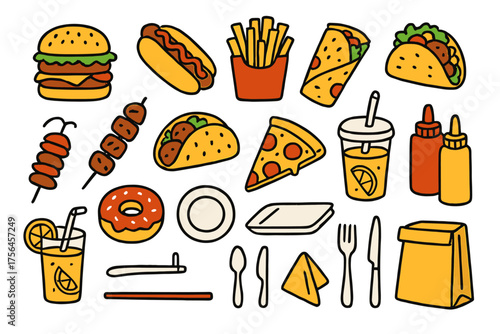 Street Food Doodle Icons. Street food doodle icon set: hand drawn icons of burger, hotdog, fries, taco, kebab, falafel, pizza
