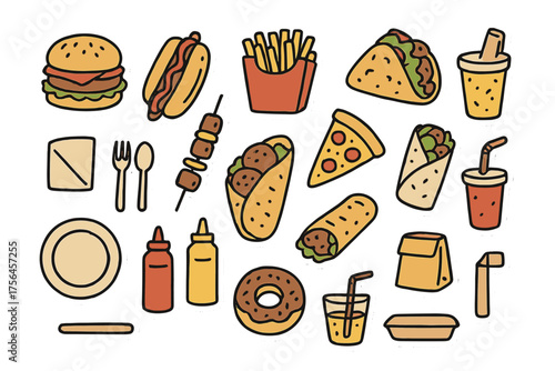 Street Food Doodle Icons. Street food doodle icon set: hand drawn icons of burger, hotdog, fries, taco, kebab, falafel, pizza