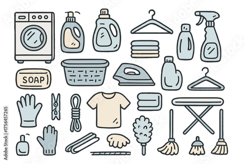 Laundry Icon Doodles. Laundry doodle icon set: hand drawn icons of washing machine, dryer, detergent bottle, fabric softener, soap