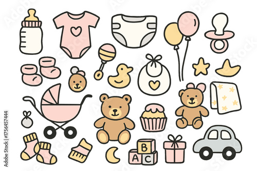 Baby Shower Icons. Baby shower doodle icon set: hand drawn icons of bottle, onesie, diaper, pacifier, booties, rattle, stroller,