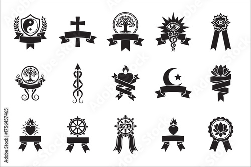 Collection of religious and symbolic emblems with ribbons