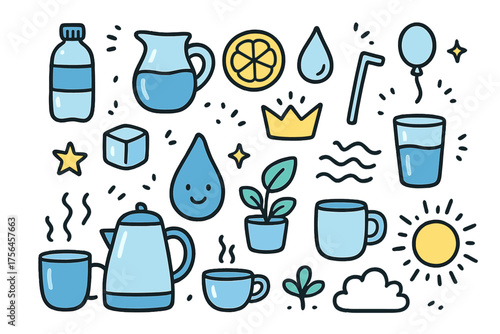 Hydration Doodle Icons. Hydration doodle icon set: hand drawn icons of water bottle, jug, lemon slice, drop, ice cube, straw,