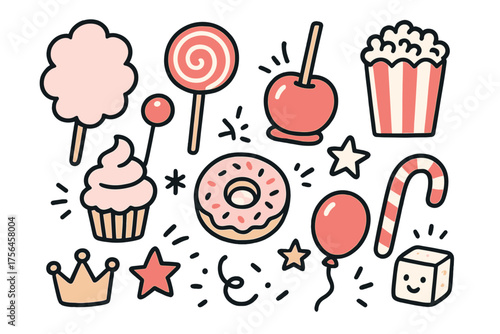 Street Sweets Icons. Street sweets doodle icon set: hand drawn icons of cotton candy, lollipop, caramel apple, popcorn, cupcake,
