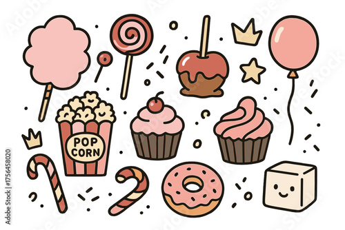 Street Sweets Icons. Street sweets doodle icon set: hand drawn icons of cotton candy, lollipop, caramel apple, popcorn, cupcake,