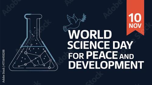 Vector art of world science day for peace and development celebrated with scientific symbols and a dove of peace