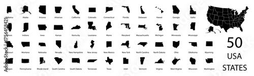 usa states map set with all 50 state silhouettes, vector illustrations, american geography and cartography