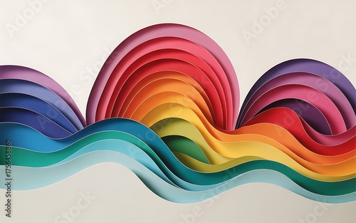 Abstract colorful wavy paper layers forming a rainbow wave pattern