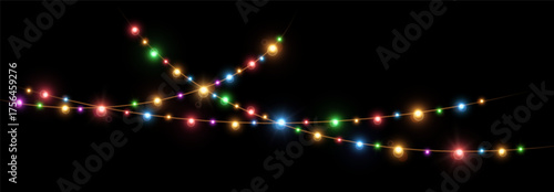 Realistic multicolored lamp Christmas lights isolated on black. Glowing led neon lamps for Xmas and New year cards, banners, posters etc. Garlands design elements and decorations. Vector illustration