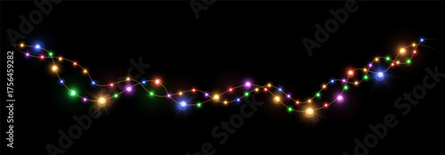 Realistic multicolored lamp Christmas lights isolated on black. Glowing led neon lamps for Xmas and New year cards, banners, posters etc. Garlands design elements and decorations. Vector illustration