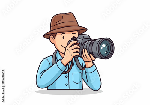 Man Wearing Hat Taking Photo With Professional Camera.