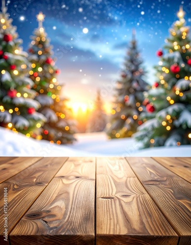 Snow-covered scene with decorated trees and a wooden table. Blurry background with sunset