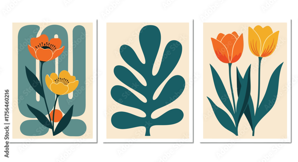 Fototapeta premium Vector illustration of abstract midcentury modern art prints featuring stylized tulips and a monstera leaf in muted orange, yellow, and teal colors