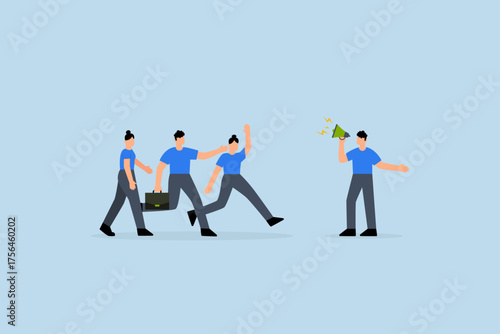 Business guide to move to the right success direction, Entrepreneur with loudspeaker instructs colleagues to proceed correctly