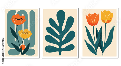 Vector illustration of abstract midcentury modern art prints featuring stylized tulips and a monstera leaf in muted orange, yellow, and teal colors