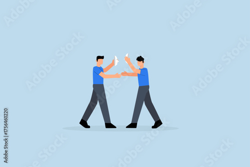 Dishonesty partnership, businessmen shake hands, both wearing masks to conceal true intentions