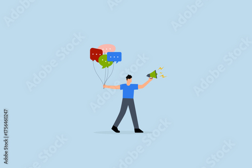 Communication or PR, entrepreneur grasping speech bubble balloons as he addresses with a megaphone