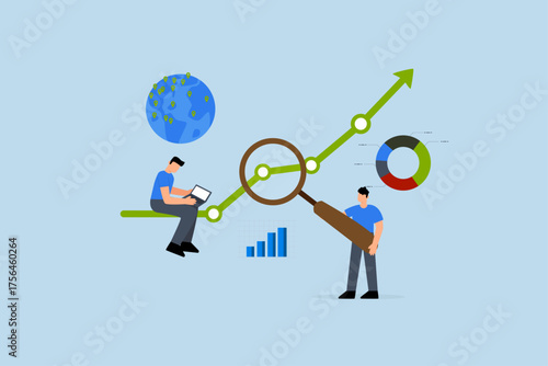 Research and development, business individuals examining with a magnifying glass and computer