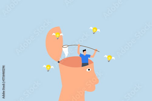 New creative idea thinking process, Entrepreneur unveils his mind to capture bright ideas with a butterfly net