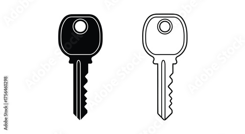 Vector illustration of two key icons, one solid black and one outlined in black, representing security and access