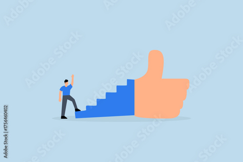 Success steps to reach work achievement, Businessman starts to ascend the stairs to give a thumbs up