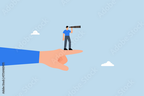 Vision to see business direction, entrepreneur using large finger with binoculars to observe future