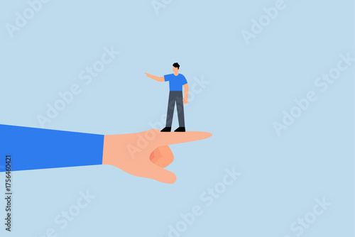 Employee conflict direction, small entrepreneur perched on enormous hand gesturing in the opposite way