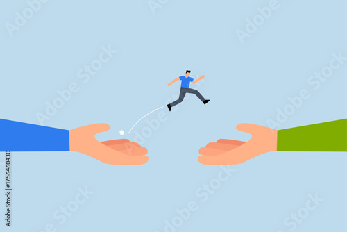 Change job, confident entrepreneur leaping from enormous hand to