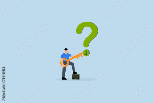 Key to unlock answer for problem and questions, intelligent entrepreneur grasping golden key to open keyhole on question mark symbol