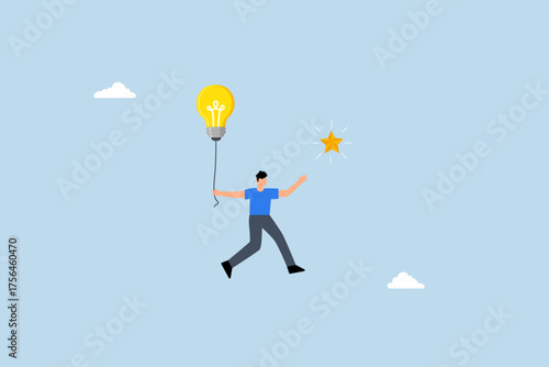 Creativity or innovation to help reach business goal, clever entrepreneur soaring with innovative concept to seize star in heavens